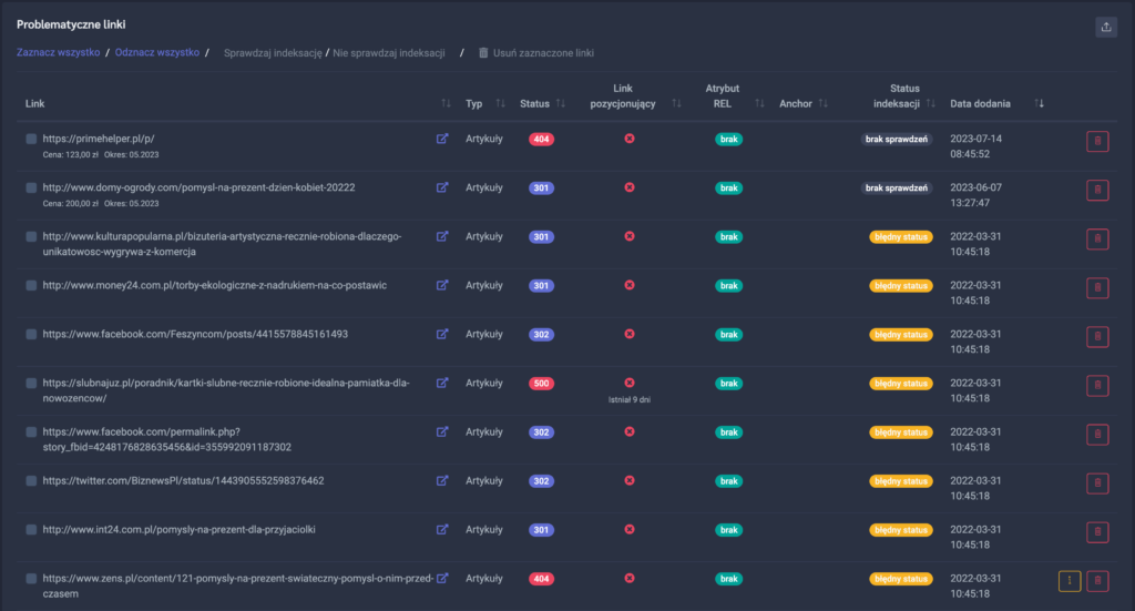 Moduł monitoringu linków - problematyczne linki